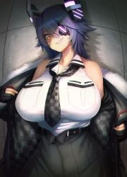 Rule 34 | 1girl, bare shoulders, belt, black gloves, breasts, checkered clothes, checkered necktie, checkered neckwear, commentary request, eyepatch, fur-trimmed jacket, fur trim, gloves, glowing, grin, headgear, high-waist skirt, highres, huge breasts, jacket, kantai collection, looking at viewer, necktie, open clothes, open jacket, parted lips, partially fingerless gloves, purple hair, sharp teeth, shiny skin, short hair, skirt, smile, solo, teeth, tenryuu (kancolle), tenryuu kai ni (kancolle), unknown showhey, upper body, yellow eyes