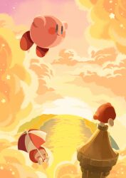 Rule 34 | blue eyes, blush stickers, closed eyes, closed mouth, colored skin, commentary request, floating, from behind, hitofutarai, holding, holding umbrella, kirby, kirby (series), nintendo, no humans, ocean, orange skin, orange sky, outdoors, parasol, pink skin, red footwear, red umbrella, shoes, sky, smile, standing, standing on one leg, star (symbol), sun, sunset, tower, two-tone umbrella, umbrella, waddle dee, white footwear, white umbrella