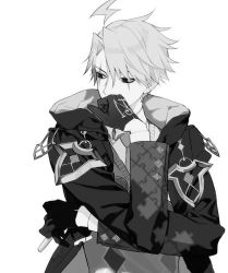 Rule 34 | 1boy, 66694c, aged down, ahoge, argyle, argyle clothes, argyle sweater vest, black eyes, black gloves, chalk, coat, collared shirt, expressionless, facial mark, fate/grand order, fate (series), gloves, greyscale, holding, holding chalk, hood, hood down, hooded coat, james moriarty (archer) (fate), james moriarty (ruler) (fate), long sleeves, looking away, male focus, monochrome, necktie, print coat, print gloves, shirt, short hair, simple background, solo, sweater vest, upper body, white background