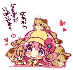 Rule 34 | 10s, 1girl, animal, animal on head, blue eyes, blush, bow, capelet, cat, cat on head, hair rings, hat, heart, kamaboko (milky holmes), kimoko, lying, on stomach, pink bow, pink hair, reaching, sherlock shellingford, short hair, solo, tantei opera milky holmes, too many, too many cats, wavy mouth