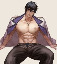 Rule 34 | 1boy, abs, artist name, bara, black hair, cigarette, commission, green eyes, highres, jacket, jewelry, jouvru, looking at viewer, male focus, male underwear, muscular, muscular male, necklace, nipples, original, pants, pectoral cleavage, pectorals, scar, scar on arm, scar on chest, solo, topless male, underwear