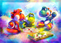 Rule 34 | :q, blue eyes, blue footwear, board game, character name, closed mouth, full body, ja-punkster, lying, mario (series), motion lines, nintendo, no humans, on stomach, open mouth, parody, red footwear, shoes, sitting, spikes, the game of life (board game), tongue, tongue out, yoshi