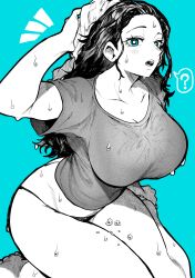 Rule 34 | 1girl, ?, absurdres, blue background, blue eyes, breasts, bright pupils, greyscale, greyscale with colored background, highres, large breasts, looking at viewer, monochrome, nico robin, one piece, open mouth, shirt, simple background, solo, spoken question mark, t-shirt, thighs, wet, wet clothes, wet shirt, white pupils, yotsumi shiro