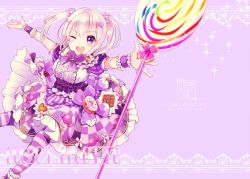 Rule 34 | 1girl, ;d, candy, copyright name, doughnut, flower knight girl, food, food-themed ornament, frills, hair ornament, heart, heart hair ornament, houzuki michiru, iberis (flower knight girl), lollipop, looking at viewer, one eye closed, open mouth, oversized object, pantyhose, purple background, purple eyes, purple skirt, purple theme, short hair, short twintails, skirt, smile, solo, sparkle, striped clothes, striped pantyhose, swirl lollipop, twintails, waffle, white hair, wrist cuffs