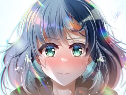 Rule 34 | 1girl, absurdres, aqua eyes, black hoodie, blue hair, blush, chromatic aberration, close-up, crying, crying with eyes open, highres, hood, hoodie, kurokawa akane, looking at viewer, masanohe (etoileair), medium hair, nose blush, oshi no ko, portrait, signature, simple background, solo, streaming tears, tears, translation request, water drop, white background