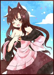 Rule 34 | 1girl, animal ears, bare shoulders, blush, breasts, brooch, brown hair, cleavage, collarbone, day, dress, flower, hair flower, hair ornament, highres, imaizumi kagerou, jewelry, long hair, long sleeves, looking at viewer, medium breasts, off-shoulder shirt, off shoulder, one eye closed, open mouth, outdoors, red eyes, shirt, smile, solo, tail, totoharu (kujirai minato), touhou, wide sleeves, wolf ears, wolf tail