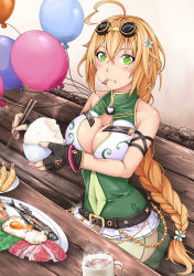 Rule 34 | 1girl, :t, ayase tamaki, balloon, balloon vine (flower knight girl), bare shoulders, belt, black gloves, blonde hair, blush, bowl, bracelet, braid, breasts, chopsticks, cleavage, cleavage cutout, clothing cutout, covered navel, cup, eating, egg, fingerless gloves, fish, flower, flower knight girl, food, food in mouth, gloves, goggles, goggles on head, green eyes, hair flower, hair ornament, hairpin, heart, heart-shaped pupils, highres, impossible clothes, jewelry, large breasts, long hair, looking at viewer, meat, mug, plate, rice, shirt, sitting, sleeveless, sleeveless shirt, solo, symbol-shaped pupils, tempura