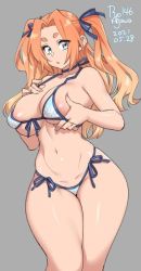 Rule 34 | 1girl, 2021, agawa ryou, belly, bikini, blue bikini, blue eyes, breasts, commentary, curvy, dated, english commentary, gradient hair, grey background, halterneck, large breasts, long hair, multicolored hair, navel, orange hair, original, side-tie bikini bottom, simple background, solo, string bikini, swimsuit, thick thighs, thighs