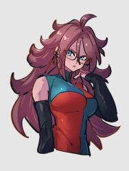 Rule 34 | 1girl, android 21, black sleeves, blue eyes, breasts, checkered clothes, checkered dress, detached sleeves, dragon ball, dragon ball fighterz, dress, earrings, grey background, hair between eyes, hoop earrings, jewelry, kemachiku, long hair, looking at viewer, medium breasts, red hair, simple background, solo