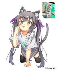 Rule 34 | 1girl, absurdres, akanbe, animal ear fluff, animal ears, artist logo, artist name, black socks, blue eyes, blush, cat, cat ears, cat girl, cat tail, clenched hand, collarbone, commentary request, eyelid pull, finger to eye, hair ribbon, highres, kneeling, long hair, long shirt, nisp art, no shoes, original, paw print, personification, purple ribbon, reference inset, ribbon, russian commentary, shirt, short sleeves, sidelocks, simple background, socks, solo, tail, thighhighs, tongue, tongue out, v-shaped eyebrows, white background, white shirt