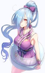 Rule 34 | .live, 1girl, :o, absurdres, bare shoulders, blue hair, bow, bra strap, breasts, center frills, darjeeling (reley), frilled kimono, frills, hair bow, hair over one eye, high ponytail, highres, innertube, japanese clothes, kimono, large breasts, long hair, looking at viewer, obi, open mouth, ponytail, purple bow, purple kimono, red eyes, sash, short kimono, solo, swim ring, very long hair, virtual youtuber, yamato iori