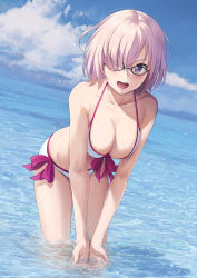Rule 34 | 1girl, akita hika, bad id, bad pixiv id, bare shoulders, beach, bikini, black-framed eyewear, blue sky, blush, breasts, cleavage, cloud, collarbone, day, fate/grand order, fate (series), glasses, hair between eyes, hair over one eye, highres, large breasts, leaning forward, light purple hair, looking at viewer, mash kyrielight, mash kyrielight (swimsuit of perpetual summer), ocean, official alternate costume, open mouth, purple eyes, sky, smile, solo, swimsuit, white bikini