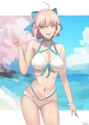 Rule 34 | 1girl, :d, ahoge, bikini, blue bow, bow, bracelet, breasts, cleavage, collarbone, contrapposto, cowboy shot, day, fate/grand order, fate (series), gluteal fold, groin, hair between eyes, hair bow, highres, jewelry, kasumi saika, looking at viewer, medium breasts, navel, ocean, okita j. souji (fate), okita j. souji (third ascension) (fate), okita souji (fate), okita souji (koha-ace), open mouth, outdoors, short hair, silver hair, smile, solo, standing, swimsuit, thigh gap, v, white bikini, yellow eyes