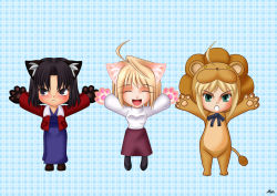 Rule 34 | 00s, 3girls, absurdres, ahoge, animal ears, animal hands, arcueid brunestud, artoria pendragon (all), artoria pendragon (fate), black hair, blonde hair, blush, cat ears, cat paws, embarrassed, fate/stay night, fate/tiger colosseum, fate (series), green eyes, highres, jacket, kara no kyoukai, long skirt, multiple girls, open mouth, outstretched arms, pantyhose, purple skirt, red jacket, ryougi shiki, saber (fate), saber lion, shin (shinobu40), short hair, skirt, smile, spread arms, sweater, tsukihime, type-moon
