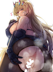 Rule 34 | 1girl, anus, ass, back, bare shoulders, biceps, black dress, blonde hair, blue eyes, breasts, brown pantyhose, dress, barghest (fate), barghest (second ascension) (fate), fate/grand order, fate (series), female pubic hair, gauntlets, heterochromia, highres, horns, large breasts, long hair, looking at viewer, looking back, muscular, muscular female, pantyhose, parted lips, pelvic curtain, pubic hair, pussy, pussy juice, red eyes, satou (kuso-neet), sideboob, single gauntlet, solo, sweat, thighs, toned, torn clothes, torn pantyhose