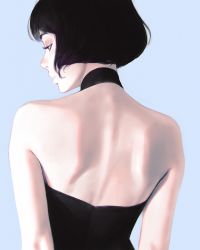 Rule 34 | 1girl, back, back focus, bare shoulders, black dress, black hair, bob cut, character request, closed mouth, dress, from behind, highres, ilya kuvshinov, lips, looking to the side, short hair, simple background, solo, upper body