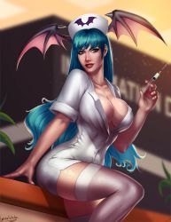 Rule 34 | breasts, demon girl, green hair, hat, highres, large breasts, morrigan aensland, nurse, nurse cap, demon girl, vampire (game)