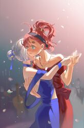 Rule 34 | 2girls, backlighting, bare shoulders, black hairband, blue choker, blue dress, blue eyes, blurry, blurry background, blush, choker, commentary request, confetti, dancing, dress, formal, gradient background, green eyes, gundam, gundam suisei no majo, hair bun, hair ornament, hair up, hairband, hand on another&#039;s back, highres, holding hands, jewelry, miorine rembran, multiple girls, necklace, official alternate hairstyle, red dress, strapless, strapless dress, suletta mercury, vickyaaa, whispering, white hair, yuri