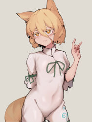 Rule 34 | 1girl, :3, animal ears, arm behind back, bad id, bad pixiv id, blonde hair, breasts, bright pupils, cowboy shot, fox ears, fox shadow puppet, fox tail, grey background, hair between eyes, highres, kudamaki tsukasa, romper, short hair, simple background, small breasts, smirk, solo, soya6479, tail, touhou, white pupils, yellow eyes