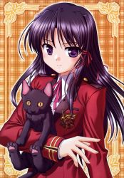 Rule 34 | 1girl, bekkankou, black cat, black hair, cat, fortune arterial, highres, kuze kiriha, long hair, purple eyes, school uniform, solo