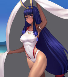 Rule 34 | 1girl, 1s44c, absurdres, animal ears, arm up, armpits, bare arms, bare shoulders, blanket, blue sky, blunt bangs, breasts, closed mouth, collarbone, competition swimsuit, covered navel, cowboy shot, dark-skinned female, dark skin, day, fate/grand order, fate (series), hairband, highres, jewelry, long hair, looking at viewer, low-tied long hair, medium breasts, necklace, nitocris (fate), nitocris (fate/grand order), nitocris (swimsuit assassin) (fate), one-piece swimsuit, outdoors, pink eyes, purple hair, rabbit ears, shiny skin, sidelocks, sky, smile, solo, swimsuit, thighs, tsurime, two-tone hairband, very long hair, walking, white one-piece swimsuit