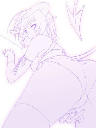 Rule 34 | 1girl, 47agdragon, ass, demon girl, demon tail, gradient background, horns, looking back, monochrome, original, sketch, slit pupils, smile, solo, tail, thighhighs
