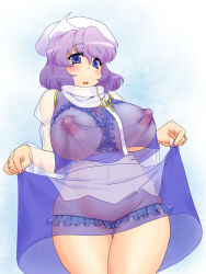 Rule 34 | 1girl, apron, blush, bra, breastless clothes, breasts, clothes lift, covered erect nipples, cupless bra, curvy, female focus, frilled bra, frilled panties, frills, hat, highres, large breasts, letty whiterock, lingerie, lute (apocalypselibrary), nipples, panties, plump, purple eyes, purple hair, see-through, short hair, skirt, skirt lift, solo, thigh gap, thighs, touhou, underboob, underwear