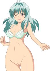 Rule 34 | 00s, 1girl, blush, bottomless, bra, breasts, cleft of venus, green hair, highres, lingerie, long hair, nude filter, pussy, run elsie jewelria, solo, third-party edit, to love-ru, uncensored, underwear