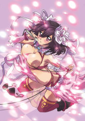 Rule 34 | 1girl, arched back, black bra, black hair, blush, boots, bra, unworn bra, breasts, cable, character request, checkered floor, elbow gloves, floor, flower, gloves, hair flower, hair ornament, highres, holding, kneeling, microphone, milktea scandal, nagy, official art, parted lips, pink gloves, purple eyes, purple thighhighs, reflective floor, short hair, solo, thighhighs, underwear
