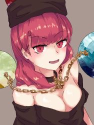 Rule 34 | 1girl, asymmetrical hair, bare shoulders, belt collar, black shirt, breasts, chain, cleavage, collar, commentary request, constricted pupils, earth (ornament), gold chain, grey background, hecatia lapislazuli, highres, looking at viewer, medium breasts, moon (ornament), no bra, off-shoulder shirt, off shoulder, open mouth, red eyes, red hair, shirt, simple background, smile, solo, t-shirt, touhou, upper body, wasabisuke