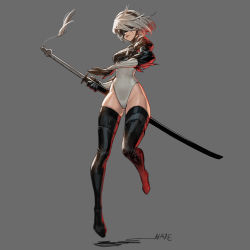 Rule 34 | 1girl, 2b (nier:automata), absurdres, artist name, black blindfold, black footwear, black gloves, black thighhighs, blindfold, boots, breasts, commentary request, feather trim, fighting stance, full body, gloves, grey background, hairband, haje, heattech leotard, highleg, highleg leotard, highres, holding, holding sword, holding weapon, left-handed, leotard, lips, medium breasts, nier:automata, nier (series), puffy sleeves, ready to draw, sheath, sheathed, short hair, simple background, solo, sword, thigh boots, thighhighs, thighhighs under boots, turtleneck, weapon, white hair