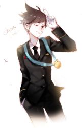 Rule 34 | 1girl, black necktie, brown hair, catchphrase, cropped legs, english text, highres, medal, necktie, one eye closed, overwatch, overwatch 1, salute, shell (shell518), short hair, sketch, solo, tracer (overwatch), uniform, white background