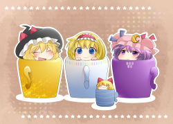 Rule 34 | 3girls, :d, ^ ^, alice margatroid, blonde hair, blue hair, blush, chibi, closed eyes, crescent, cup, female focus, hairband, hammer (sunset beach), hat, in container, in cup, kirisame marisa, matching shanghai, mini person, minigirl, multiple girls, o o, open mouth, outline, patchouli knowledge, purple eyes, purple hair, shanghai doll, short hair, smile, star (symbol), touhou, witch hat
