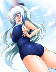 Rule 34 | 1girl, ass, blue sky, blue one-piece swimsuit, blush, breasts, cloud, commentary request, day, hat, highres, kamishirasawa keine, large breasts, long hair, looking at viewer, looking back, one-piece swimsuit, open mouth, red eyes, school swimsuit, sideboob, silver hair, sky, solo, swimsuit, touhou, very long hair, wet, yazuki gennojou