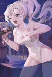 Rule 34 | 1girl, absurdres, bare arms, bare shoulders, blue eyes, bracelet, breasts, cleavage, collarbone, competition swimsuit, covered navel, earrings, grey hair, hair ornament, hairclip, highres, holding, holding microphone, jewelry, leaning forward, long hair, medium breasts, microphone, music, night, one-piece swimsuit, one eye closed, people, ponytail, pool, revision, rwby, scar, scar across eye, scar on face, singing, solo focus, stud earrings, swimsuit, wading, wangxiii, water, weiss schnee, wet, wet clothes, wet swimsuit, white one-piece swimsuit