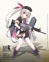 Rule 34 | 1girl, artist request, automatic shotgun, ballistic shield, beret, black gloves, black skirt, blush, boots, character name, closed mouth, combat shotgun, copyright name, cross-laced footwear, fingerless gloves, full body, girls&#039; frontline, gloves, grey hair, gun, hair between eyes, hat, highres, holding, holding gun, holding weapon, jacket, long hair, looking at viewer, miniskirt, name connection, object namesake, official art, open clothes, open jacket, purple eyes, rigging, shadow, shenbei xiaoqiu, shield, shield module, shotgun, skirt, smile, solo, thighhighs, trigger discipline, two side up, usas-12, usas-12 (girls&#039; frontline), very long hair, watermark, weapon, web address, white thighhighs