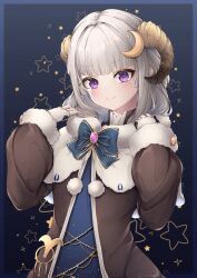 Rule 34 | 1girl, absurdres, aurora atria, blue background, blue bow, blue dress, blush, bow, brown coat, closed mouth, coat, curled horns, dot nose, dress, eyebrows, eyelashes, female focus, fingernails, fur-trimmed coat, fur trim, grey hair, hands up, highres, horns, lefolk, long hair, looking at viewer, moon hair ornament, multicolored coat, purple eyes, sheep girl, sheep horns, shironagase, simple background, smile, solo, standing, two-tone coat, upper body, virtual youtuber, white coat