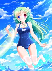 Rule 34 | 1girl, ahoge, blue eyes, blue one-piece swimsuit, breasts, cleavage, cloud, collarbone, day, eyebrows, green hair, heterochromia, highres, long hair, medium breasts, ocean, old school swimsuit, one-piece swimsuit, original, outdoors, red eyes, school swimsuit, see-through, sky, smile, solo, swimsuit, thighhighs, water, white thighhighs, yagami-all hail nanao