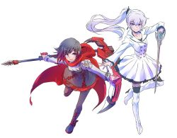 Rule 34 | 2girls, alternate costume, commentary request, crescent rose, holding, holding sword, holding weapon, iesupa, multiple girls, myrtenaster, pantyhose, ruby rose, rwby, sword, weapon, weiss schnee