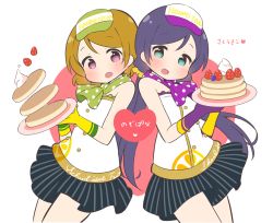 Rule 34 | 10s, 2girls, blue eyes, blueberry, blush, brown hair, buttons, character name, commentary request, double-breasted, food, fruit, gloves, koizumi hanayo, long hair, love live!, love live! school idol festival, love live! school idol project, multiple girls, neckerchief, pancake, pancake stack, polka dot, purple eyes, purple hair, saku usako (rabbit), scrunchie, short hair, skirt, strawberry, striped clothes, striped skirt, tojo nozomi, twintails, vertical-striped clothes, vertical-striped skirt, visor cap, waitress, whipped cream