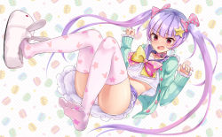 Rule 34 | 1girl, :o, ajax (azur lane), alternate costume, animal print, animal slippers, aqua cardigan, aqua nails, ass, azur lane, blush, bow, bowtie, bunny slippers, buttons, cardigan, crop top, crop top overhang, embarrassed, feet, hair bow, hair ornament, hands up, long hair, long sleeves, looking at viewer, macaron background, midriff, miniskirt, multicolored nails, nail polish, open mouth, osisio, panties, pink bow, polka dot, polka dot bow, purple hair, purple nails, purple sailor collar, purple skirt, rabbit print, red eyes, sailor collar, school uniform, shirt, sidelocks, skirt, sleeves past wrists, slippers, solo, star (symbol), star hair ornament, star print, thighhighs, twintails, underwear, very long hair, white footwear, white panties, white shirt, white thighhighs