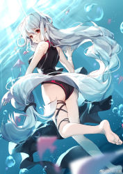 Rule 34 | 1girl, absurdly long hair, arknights, bison cangshu, black one-piece swimsuit, bubble, chinese commentary, fish, highres, light rays, long hair, looking at viewer, looking back, low-tied long hair, one-piece swimsuit, red eyes, skadi (arknights), solo, swimsuit, underwater, very long hair, water, weibo watermark, white hair