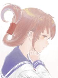 Rule 34 | 1girl, blue sailor collar, brown hair, closed mouth, folded ponytail, from side, inazuma (kancolle), kantai collection, long sleeves, looking at viewer, orange eyes, ponytail, profile, sailor collar, school uniform, serafuku, simple background, solo, sowamame, upper body, white background
