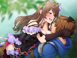 Rule 34 | 10s, 1boy, 1girl, bad id, bad pixiv id, blue eyes, breasts, brown hair, cleavage, dress, fighter (granblue fantasy), fishnet thighhighs, fishnets, flower, garter straps, girl on top, gran (granblue fantasy), granblue fantasy, hands in hair, hetero, large breasts, leaf, long hair, rose, rosetta (granblue fantasy), short hair, smile, straddling, thighhighs, tkhs