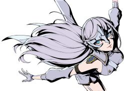 Rule 34 | 1girl, artist request, bare shoulders, blue eyes, breasts, closed mouth, detached sleeves, elbow gloves, floating hair, gloves, long hair, looking at viewer, mask, medium breasts, montagne kotone, persona, persona 5, persona 5: the phantom x, shorts, solo, white background, white gloves, white hair, white shorts