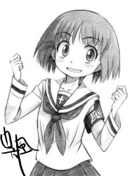 Rule 34 | 1girl, armband, artist name, blouse, blunt bangs, blunt ends, bob cut, clenched hands, commentary request, girls und panzer, gofu, graphite (medium), greyscale, grin, long sleeves, looking at viewer, monochrome, neckerchief, ooarai school uniform, open mouth, partial commentary, pleated skirt, sailor collar, school uniform, serafuku, shirt, short hair, signature, skirt, smile, solo, sono midoriko, traditional media, upper body, w arms