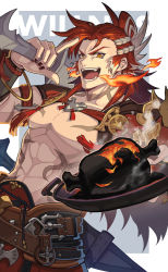 Rule 34 | 1boy, bara, black nails, body markings, breath weapon, breathing fire, brown eyes, character name, fire, food, granblue fantasy, highres, holding, holding plate, holding sword, holding weapon, jewelry, large pectorals, long hair, looking at viewer, male focus, meat, multicolored hair, muscular, muscular male, nail polish, open mouth, pectorals, plate, red hair, ring, sennohajime, smile, solo, sword, two-tone hair, weapon, white hair, wilnas (granblue fantasy)
