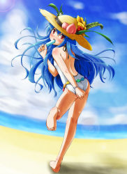 Rule 34 | 1girl, adapted costume, alternate costume, ass, back, backless outfit, bad id, bad pixiv id, bare back, barefoot, beach, blue hair, blush, casual one-piece swimsuit, covering privates, covering ass, day, feet, female focus, fisheye, food, from behind, fruit, hat, hinanawi tenshi, kimoto kanata, legs, long hair, looking back, one-piece swimsuit, peach, popsicle, red eyes, solo, straw hat, swimsuit, touhou, turtleneck