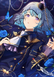 Rule 34 | 1boy, absurdres, androgynous, black jacket, blue butterfly, blue flower, blue hair, blue rose, bug, butterfly, ensemble stars!, flower, hat, highres, insect, jacket, light blue hair, long sleeves, looking to the side, lying, male focus, on back, open mouth, purple eyes, rose, shino hajime, short hair, solo, veil, yuuki madoka