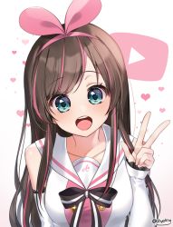 Rule 34 | 1girl, :d, arm warmers, blush, bow, breasts, brown hair, chyoling, collarbone, hairband, heart, kizuna ai, kizuna ai inc., looking at viewer, multicolored hair, open mouth, pink bow, pink hair, play button, sailor collar, simple background, smile, solo, sparkling eyes, streaked hair, swept bangs, two-tone hair, upper body, v, virtual youtuber, white background